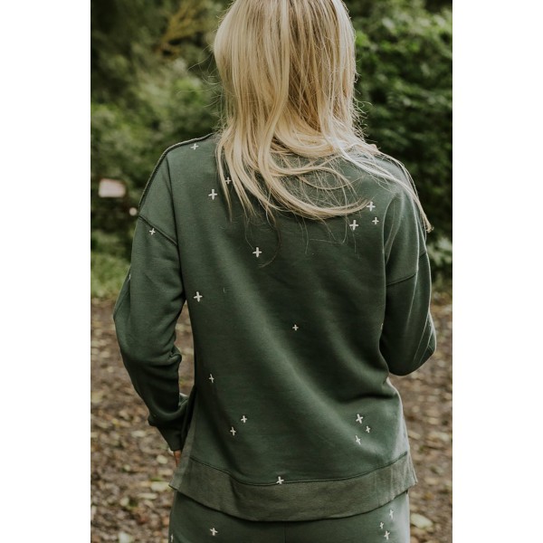 Green Embroidered Crosses Pattern Knit Sweatshirt and Joggers Set