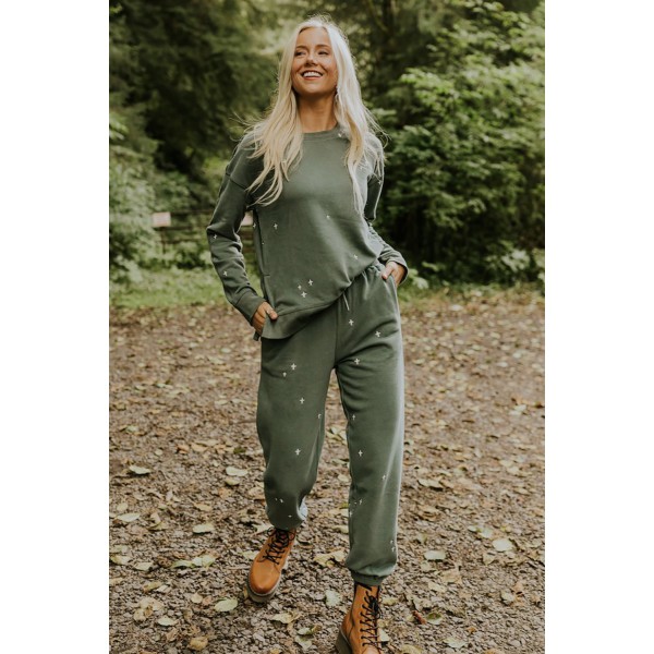 Green Embroidered Crosses Pattern Knit Sweatshirt and Joggers Set