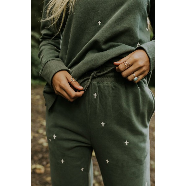 Green Embroidered Crosses Pattern Knit Sweatshirt and Joggers Set