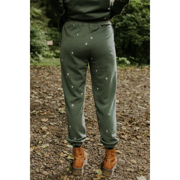 Green Embroidered Crosses Pattern Knit Sweatshirt and Joggers Set