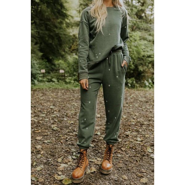 Green Embroidered Crosses Pattern Knit Sweatshirt and Joggers Set