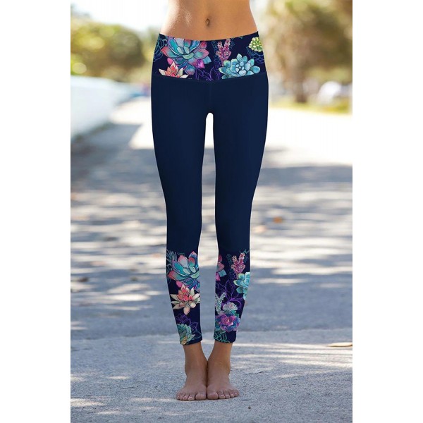 Navy Floral Printed Details Leggings Yog...