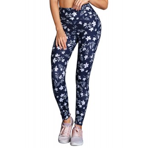 White Floral High Waist Yoga Leggings in...