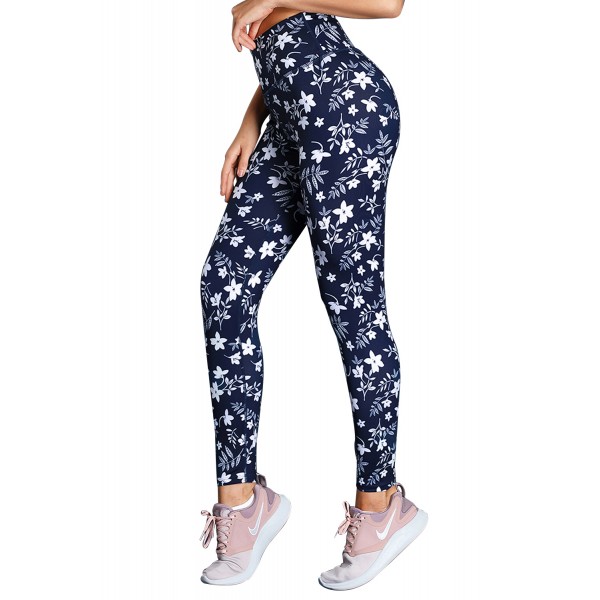 White Floral High Waist Yoga Leggings in Navy