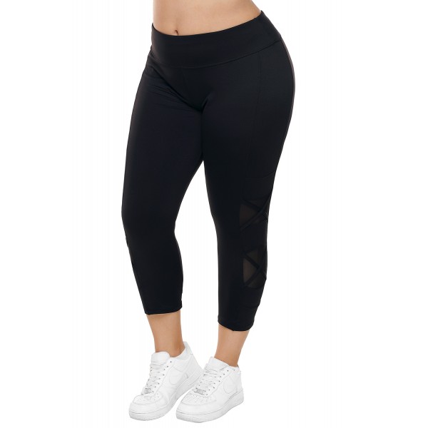 Black Crisscross Mesh Cutout Plus Size Yoga Pants