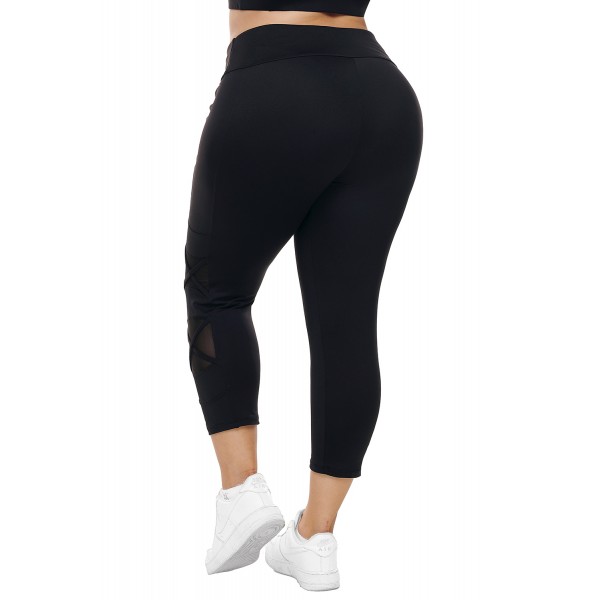 Black Crisscross Mesh Cutout Plus Size Yoga Pants