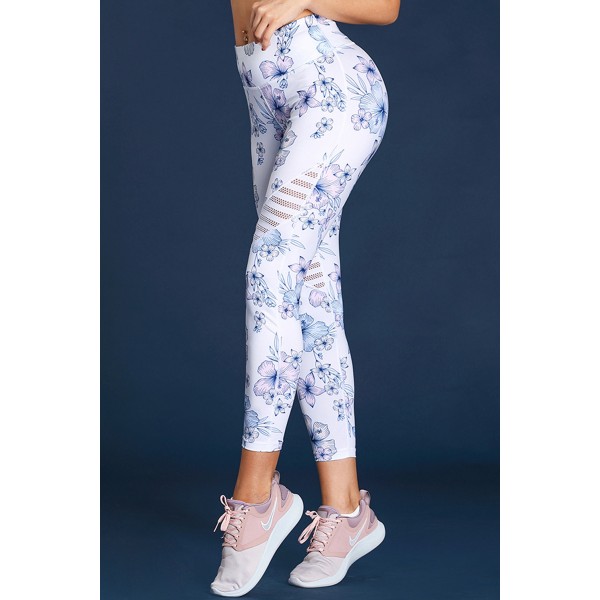 White Cutout Insert Floral Yoga Leggings