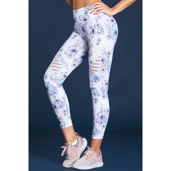 White Cutout Insert Floral Yoga Leggings